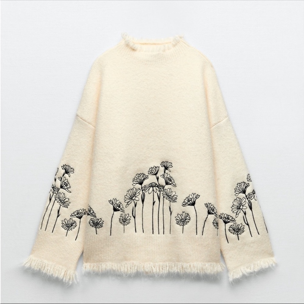 Zara Cream Wool Blend Embroidered Sweater